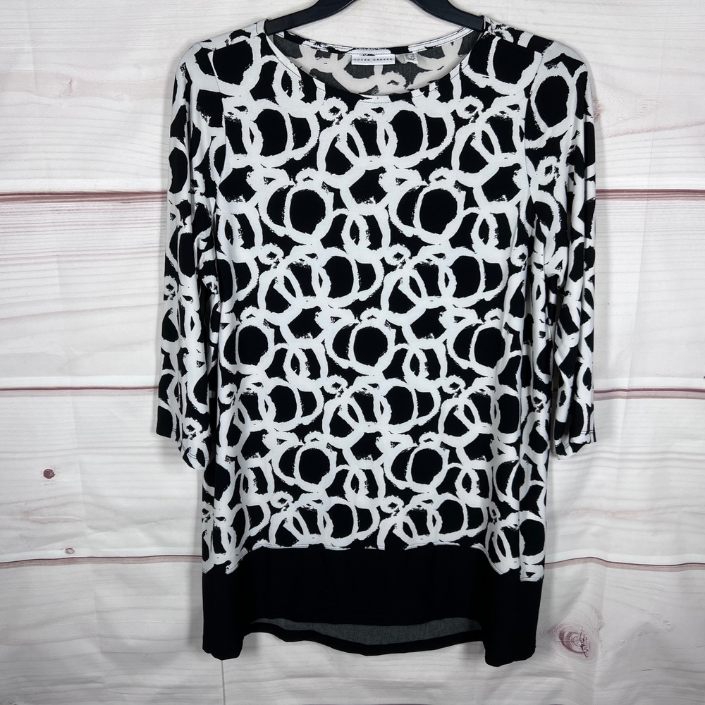 Susan Graver Top Women 1X Black White Liquid Knit Abstract Circle Tunic Blouse